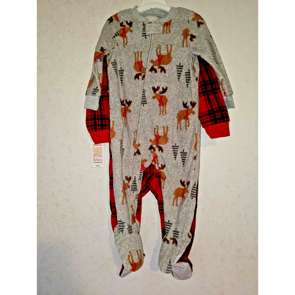 Just One You Carter's 2 pc Christmas Moose Sleeper Set 12M - New Buffalo Check - Picture 2 of 4